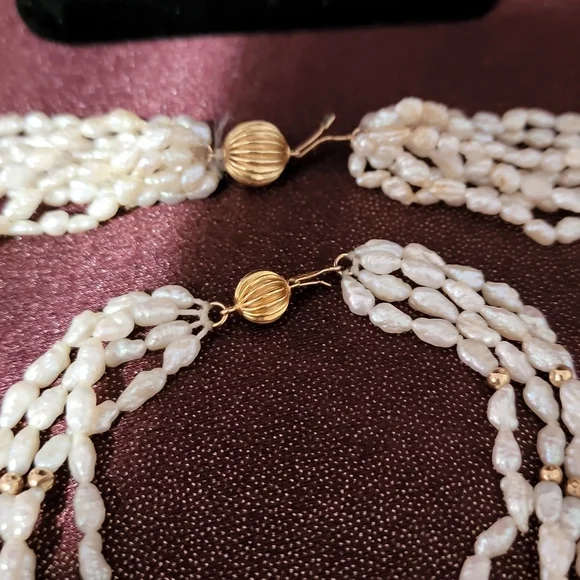 Seed pearl and 14k gold necklace and bracelet